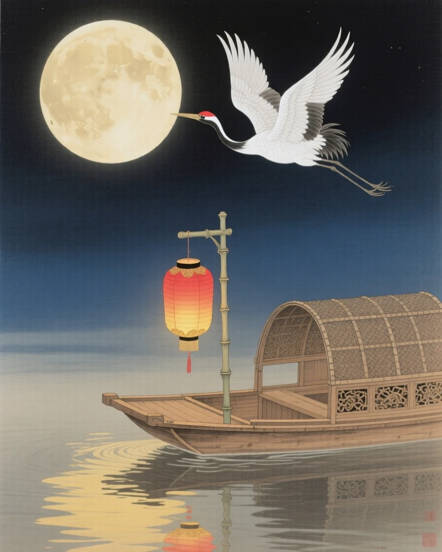 A single lantern boat drifting beneath a full moon, with a single crane flying across the moon