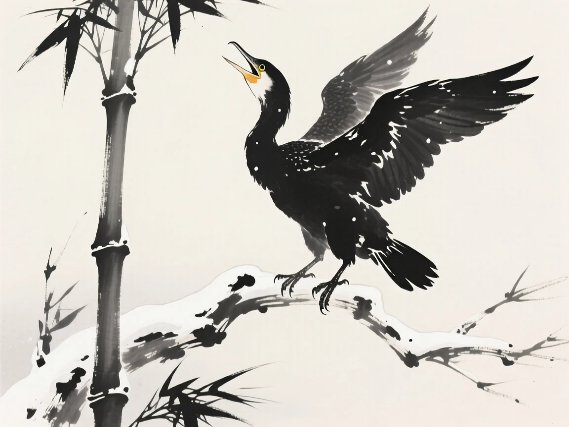 A cormorant calling out from atop a tall bamboo stalk beside a snow-covered branch, captured mid-motion with wings outstretched, conveying serenity and effortless movement.
