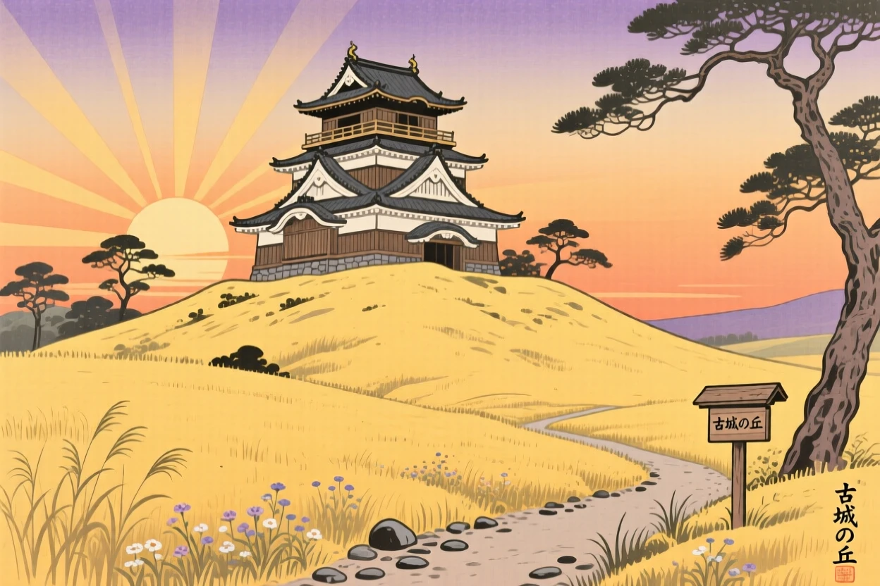 An ancient hilltop castle standing alone in a golden evening field.