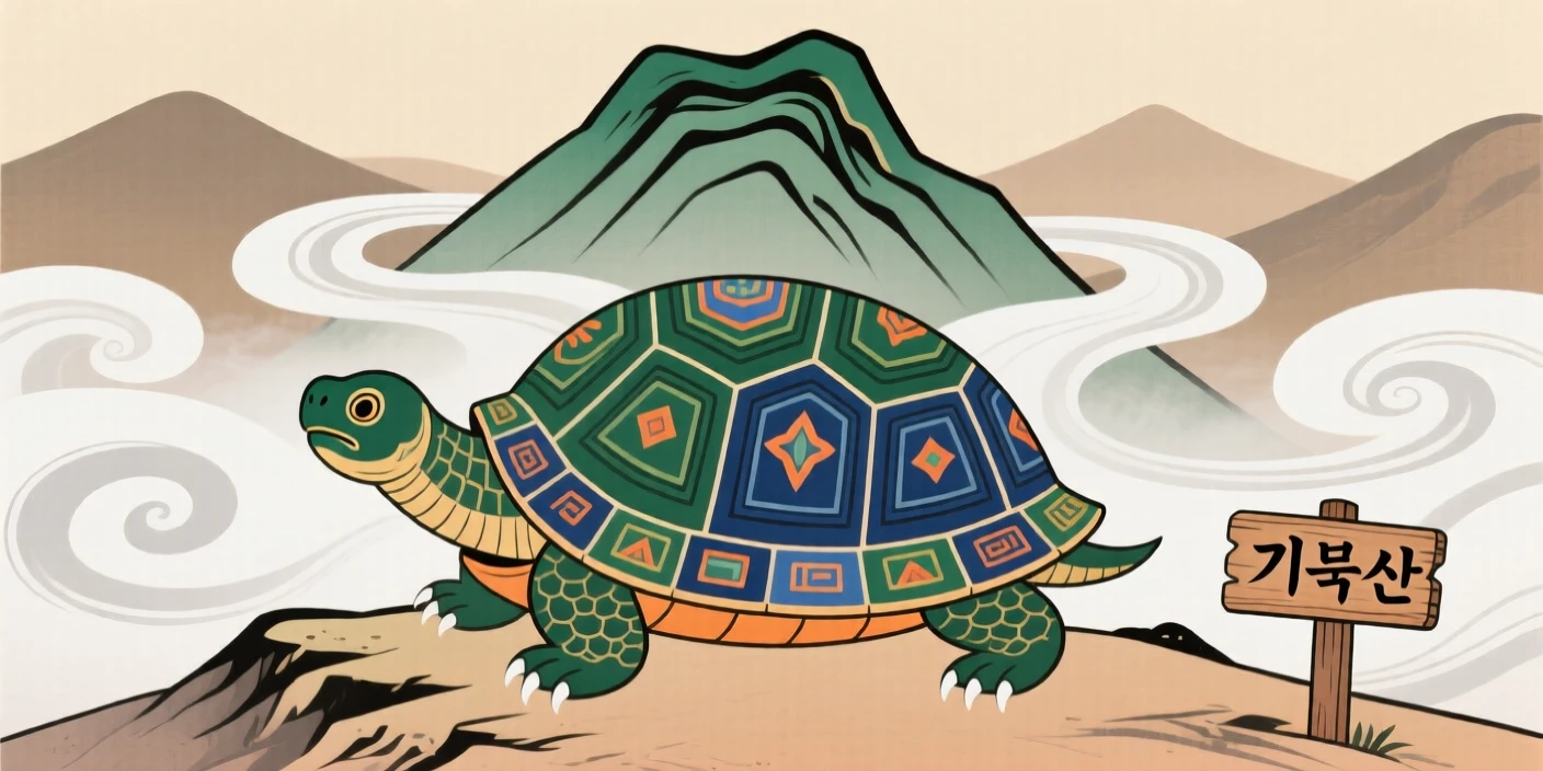 An ancient turtle carrying a mountain on its back emerging from behind rolling fog on a mountain ridge.