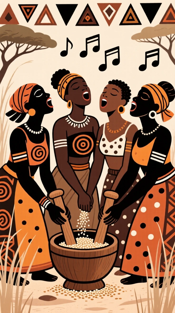 A group of women singing in harmony while grinding grain.