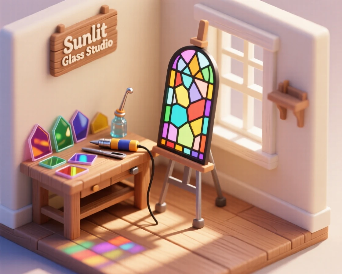 A stained glass workshop with colorful panes being cut and soldered together, sunlight streaming through the finished piece.