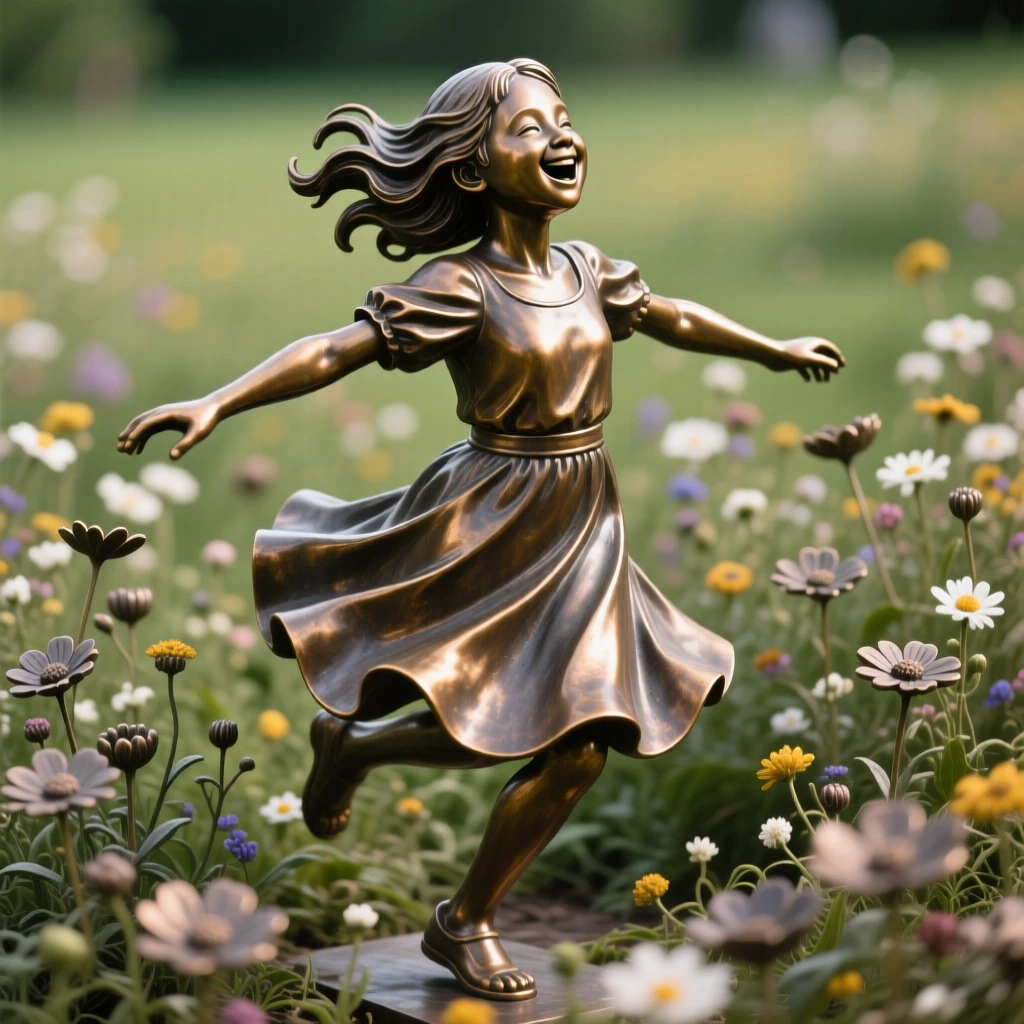 A young girl twirling in a field of wildflowers, with fine, expressive facial detail, forming a strong central focal point