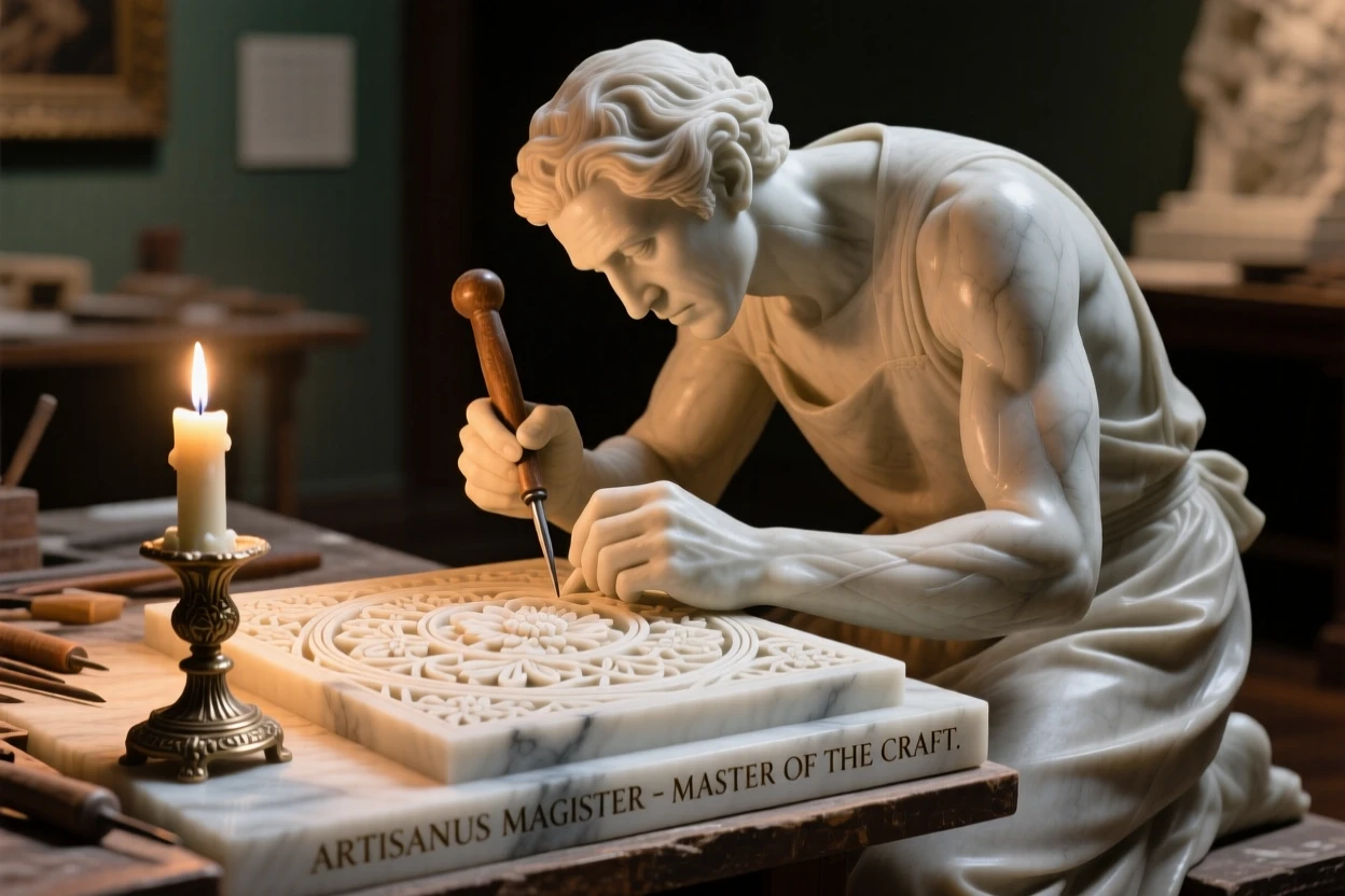 An evocative depiction of an artisan carving intricate patterns by candlelight, surrounded by soft, glowing light, balancing detail with emotional depth