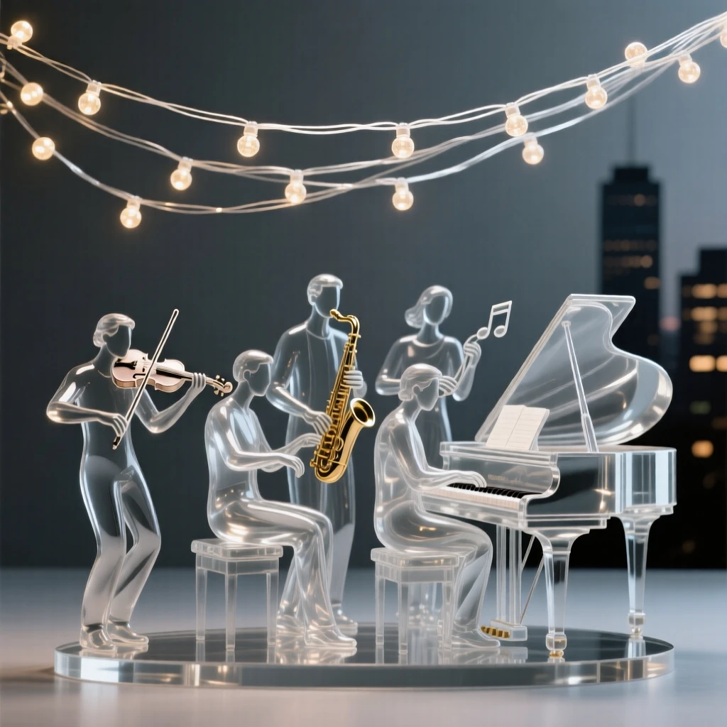 A group of musicians performing together beneath string lights, overlooking a city skyline glowing with evening lights
