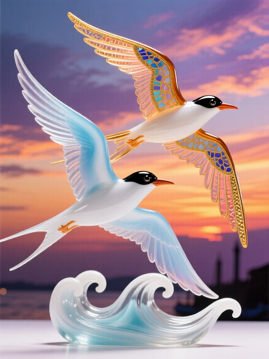 A pair of arctic terns migrating across a sky streaked with sunset colors, epic and graceful.
