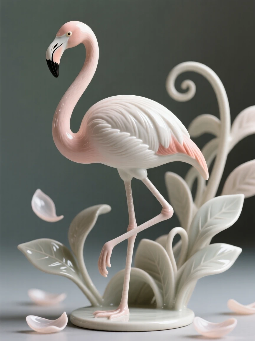 A flamingo standing on one leg resting quietly amid soft foliage, surrounded by a scatter of drifting petals, conveying effortless elegance in motion.