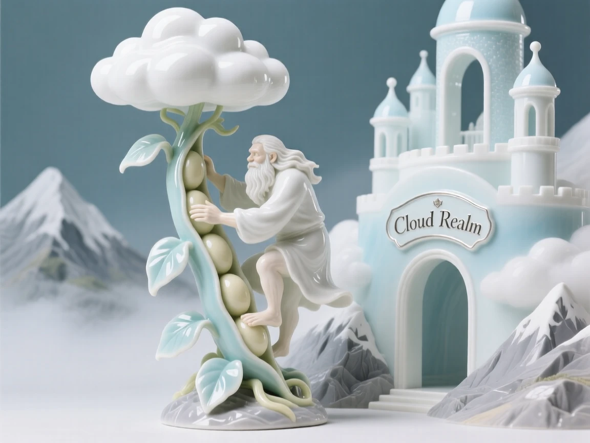 A whimsical scene of a gentle giant climbing a beanstalk into the clouds in a cloud kingdom above the mountains.