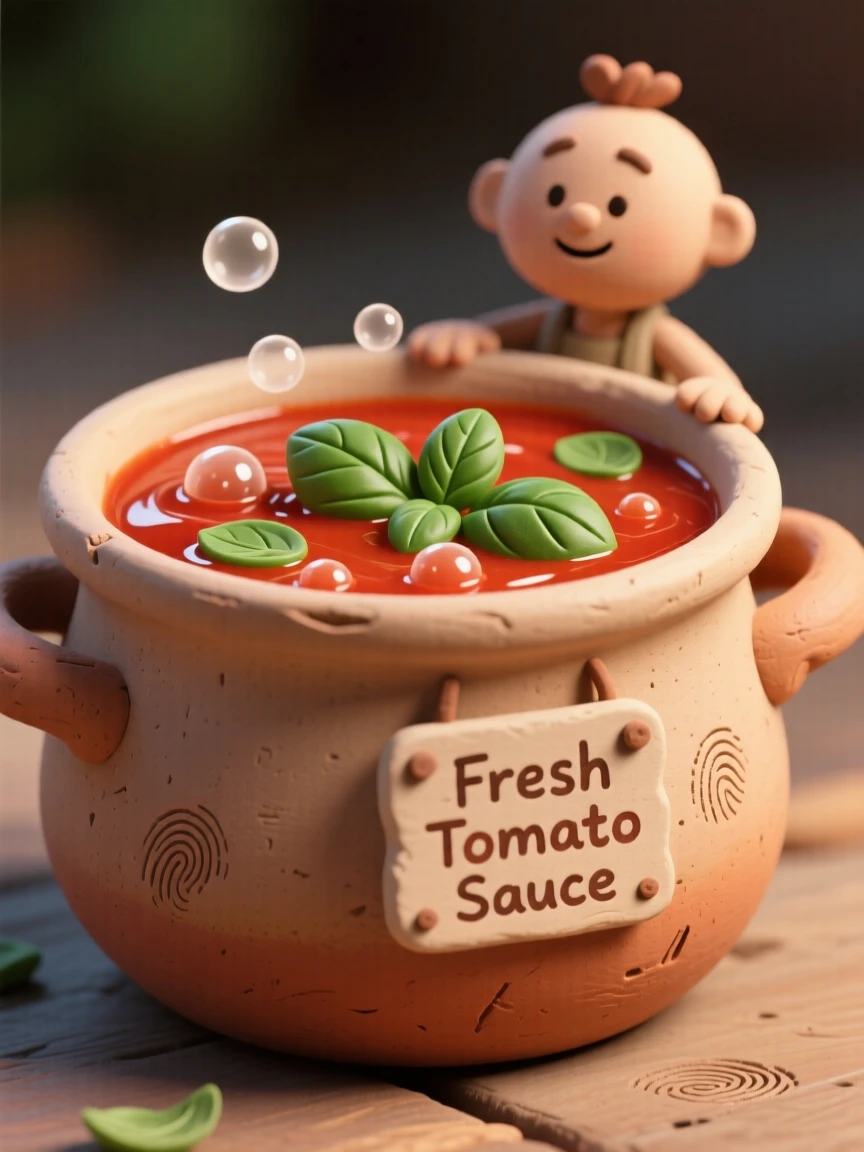 A bubbling pot of tomato sauce simmering with fresh basil leaves