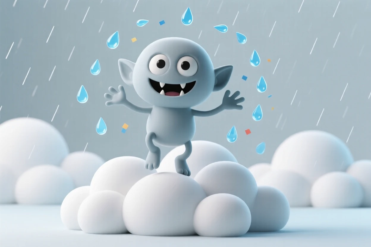 A mischievous cloud goblin bounces on fluffy white cumulus clouds, tossing tiny raindrops like confetti.
