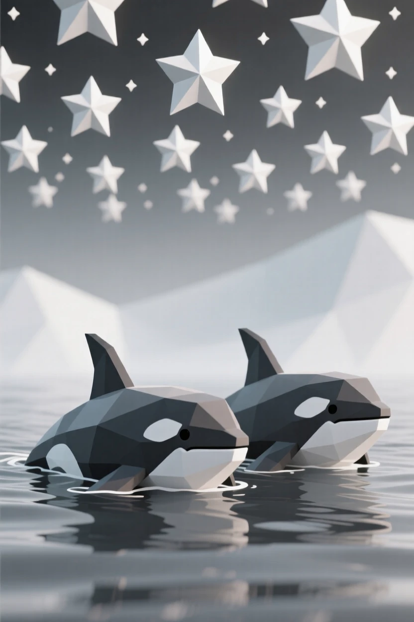 A pair of orcas swimming side by side, beneath a canopy of stars. the background gently blurs to keep focus on the subject. A gentle, peaceful stillness fills the air.