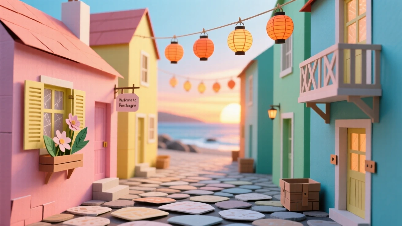 A narrow cobblestone alley in a coastal village glowing warmly at sunset, with colorful buildings lining the path, capturing the romance of travel.
