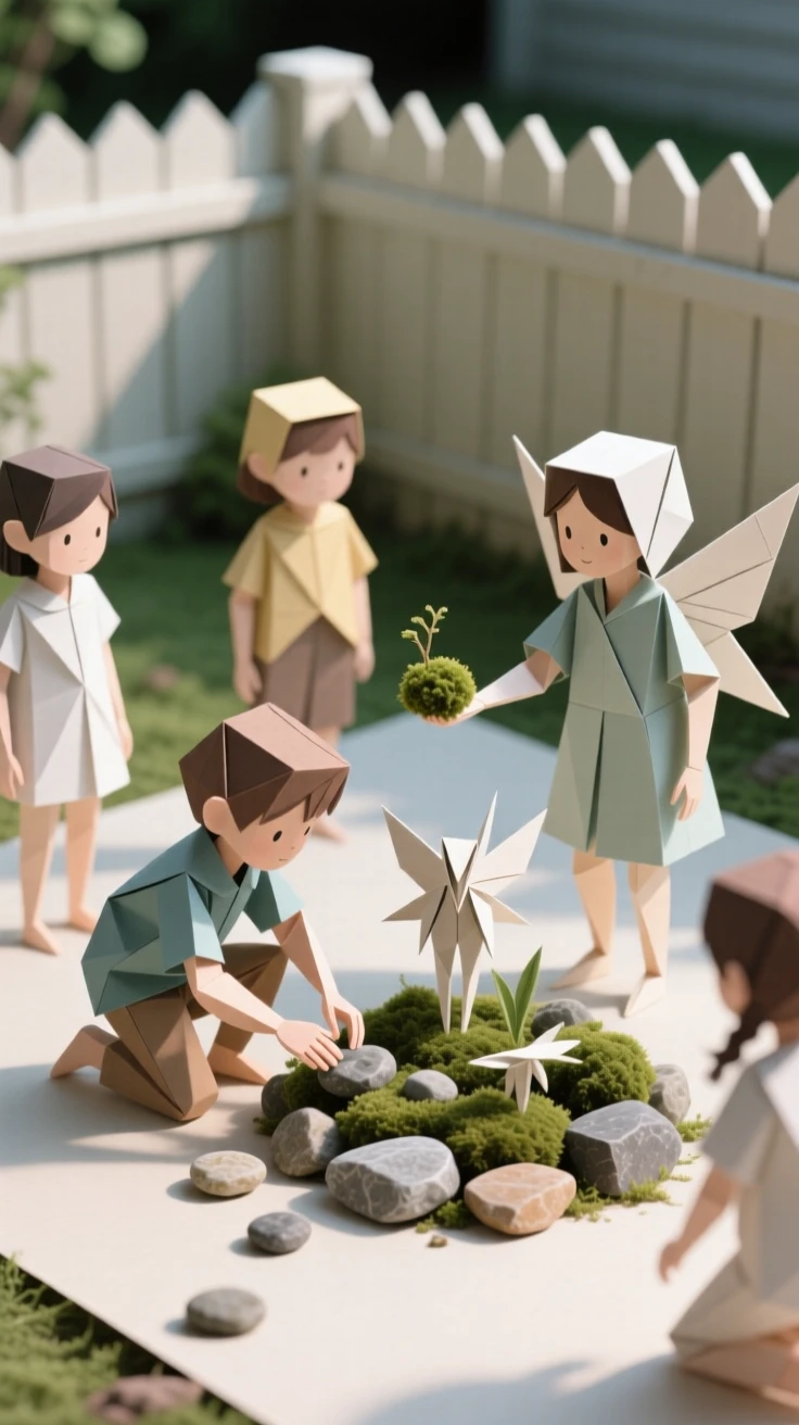 A group of children building a fairy garden with tiny stones and moss in the backyard.