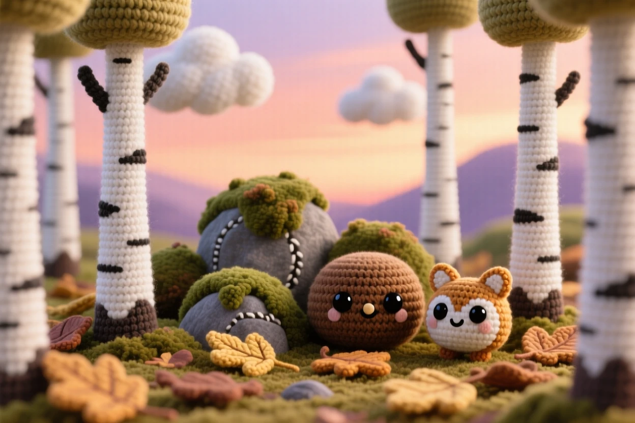 A picturesque scene featuring a quiet birch forest, with slender white trunks, carpeted in soft fallen leaves under a sky painted in warm sunset colors, accompanied by a cluster of soft mossy rocks, capturing gentle awe at nature's quiet grandeur.