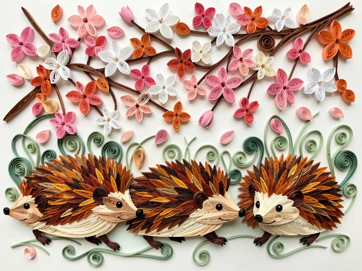 a hedgehog family walking in a single file line beneath a canopy of cherry blossom petals, in cozy autumn tones of amber and rust, centered with soft blurred greenery in the background.