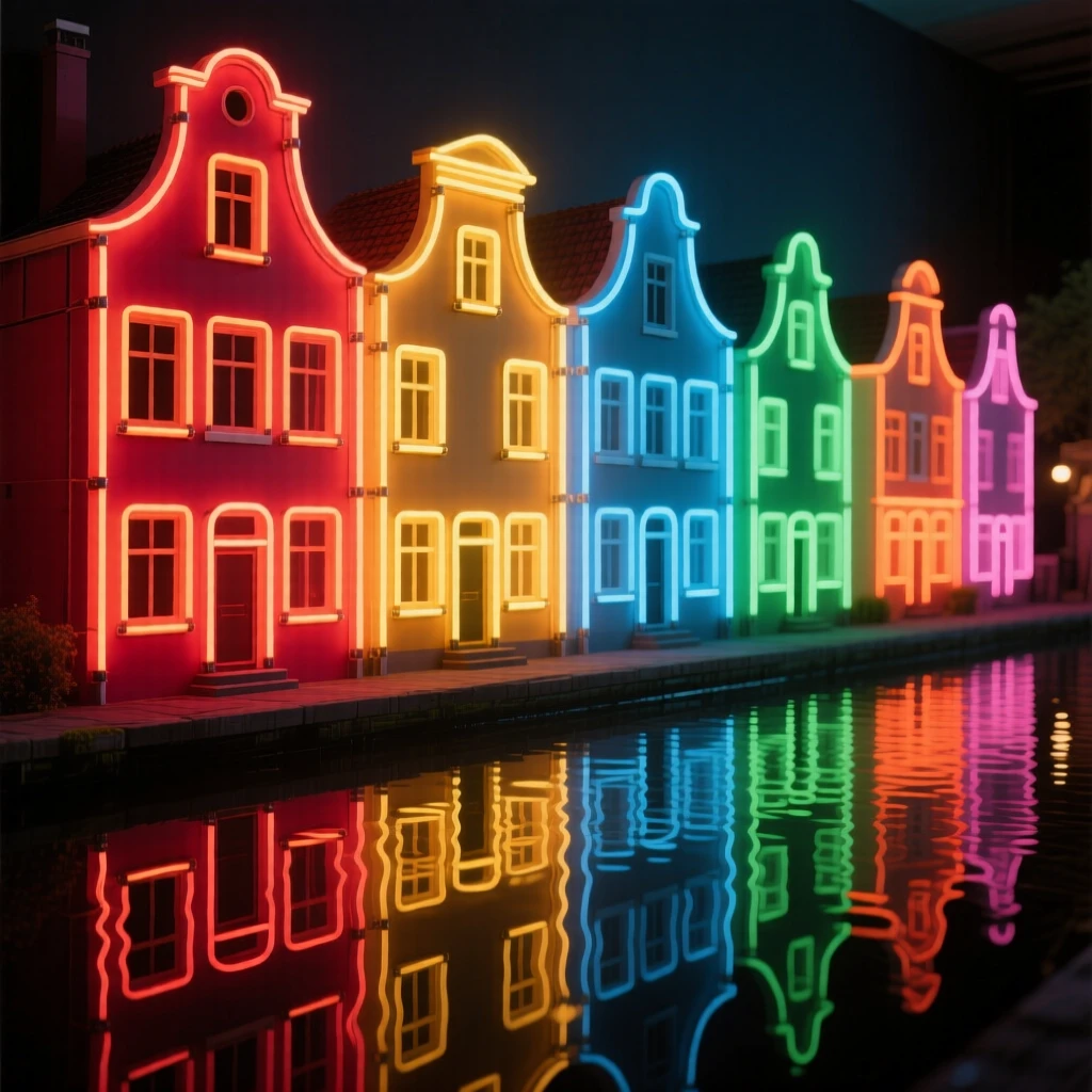 A row of colorful canal houses reflected in still water.