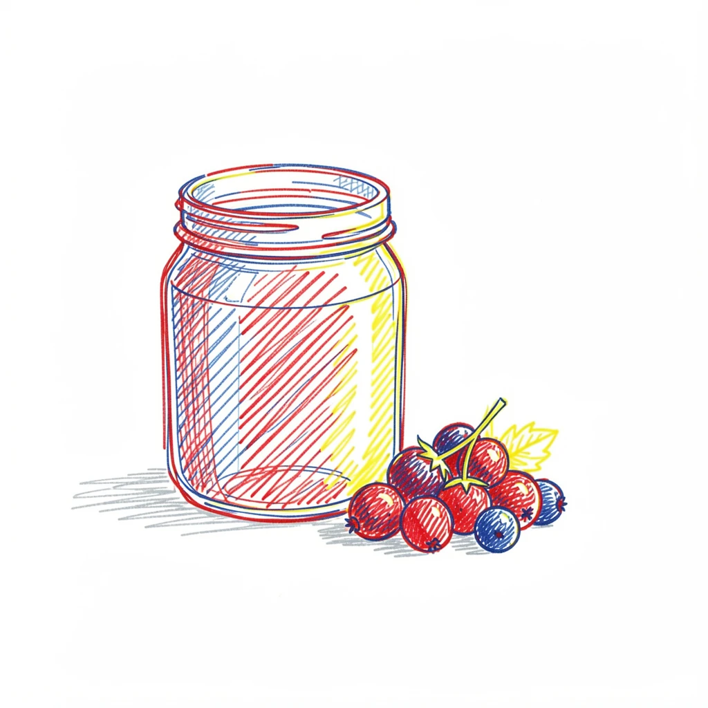 A glass jar of homemade jam beside fresh-picked berries