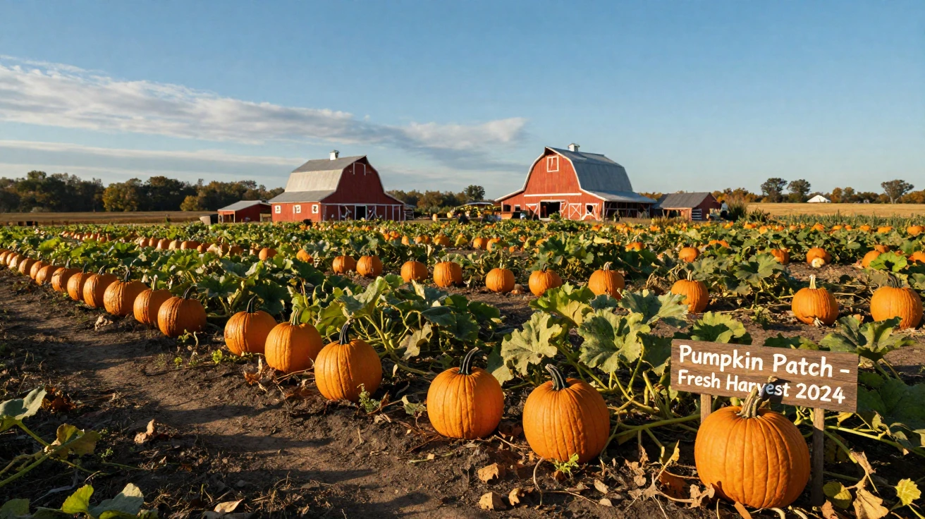 A pumpkin patch stretching across a farm at harvest time