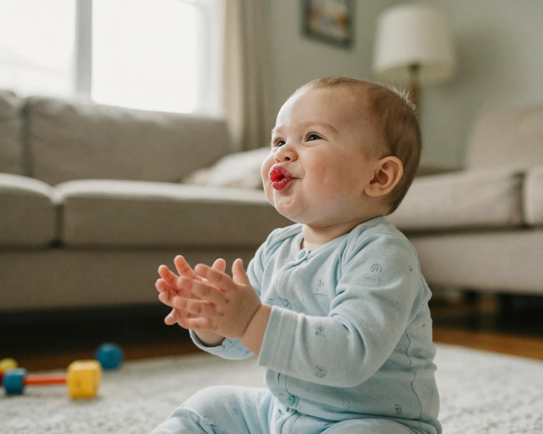 A baby blows a raspberry and dissolves into giggles at his own joke.