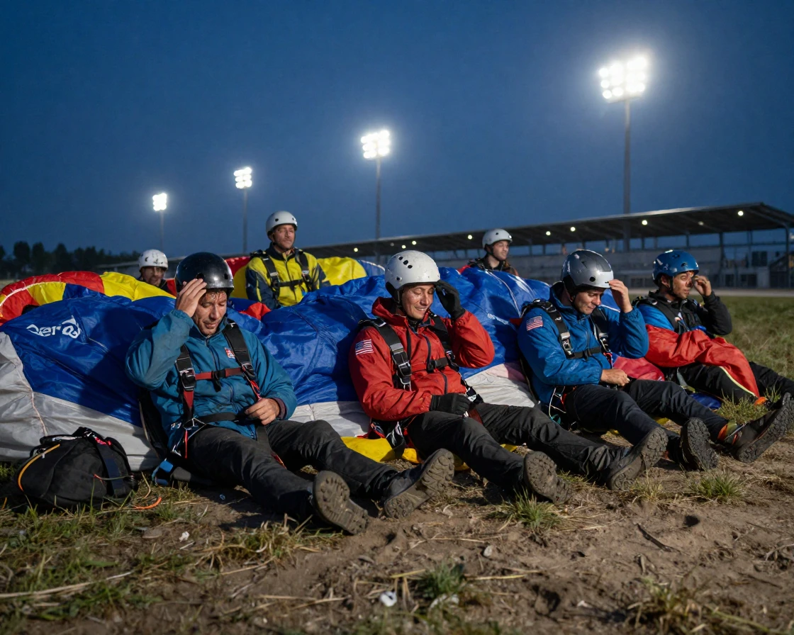 A group of paragliders pausing to catch their breath after a long effort beneath a canopy of stadium lights