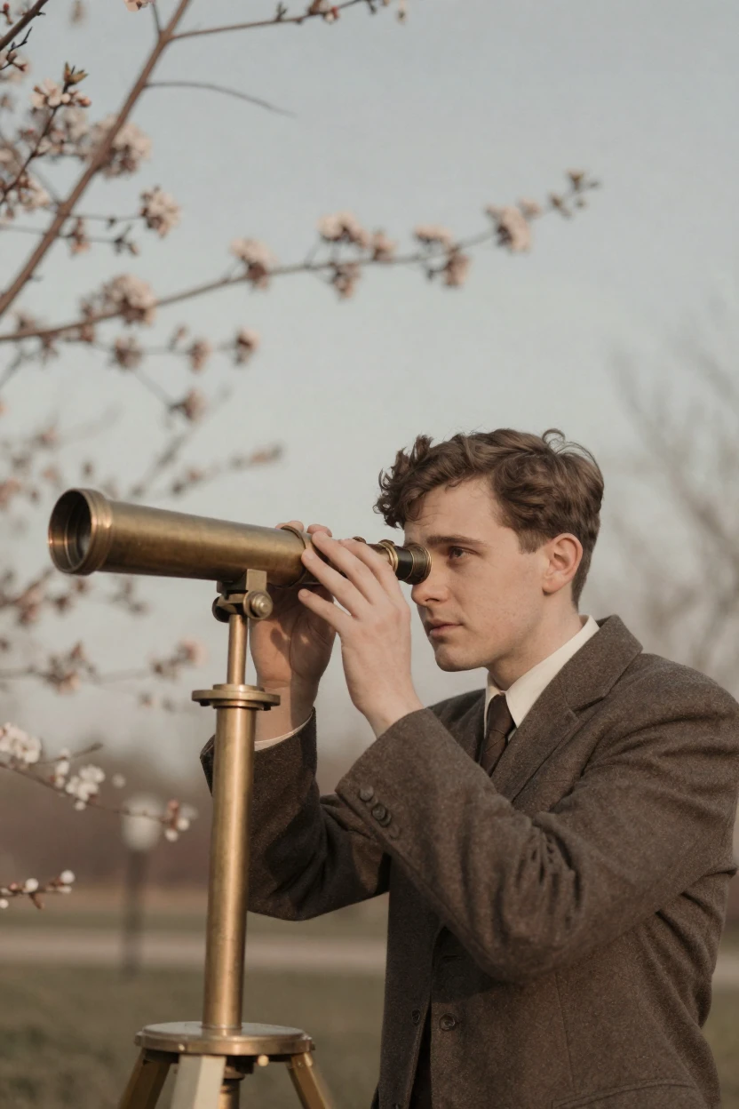 A young astronomer peering through an old brass telescope, in low lamplight, on a clear, cloudless day, as spring blossoms unfurl, with a soft sepia-tinted glow, from a three-quarter angle.