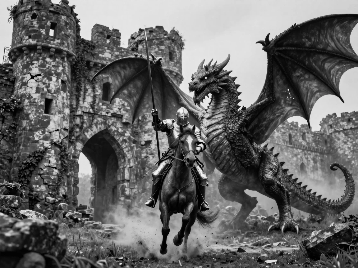 A knight charges toward a dragon with lance raised before a crumbling stone fortress.
