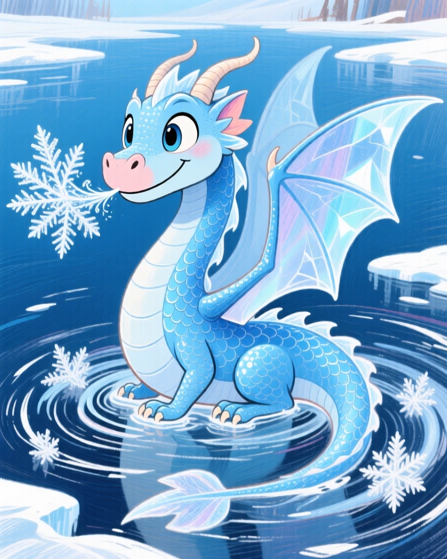 A gentle ice dragon breathing a shimmering frost pattern across a frozen lake.