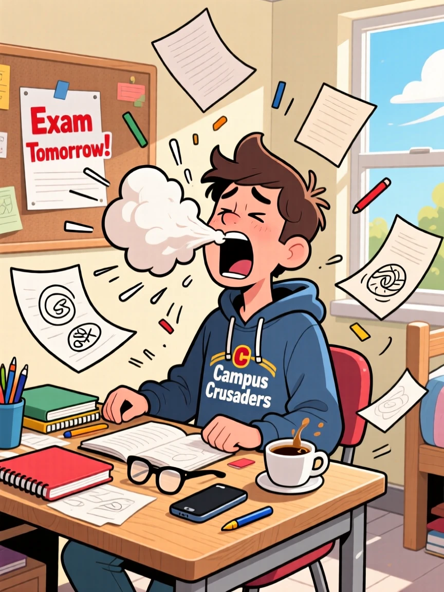 A funny expressive moment showing a college student sneezing so hard everything on the table jumps, as papers and belongings scatter everywhere.
