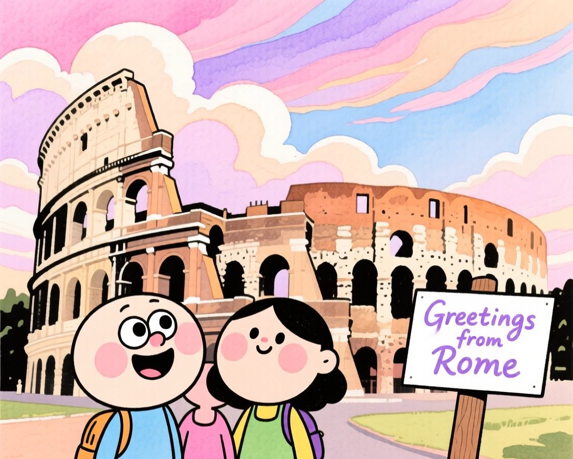 A dreamy travel postcard scene of the Colosseum under a dramatic pastel sky