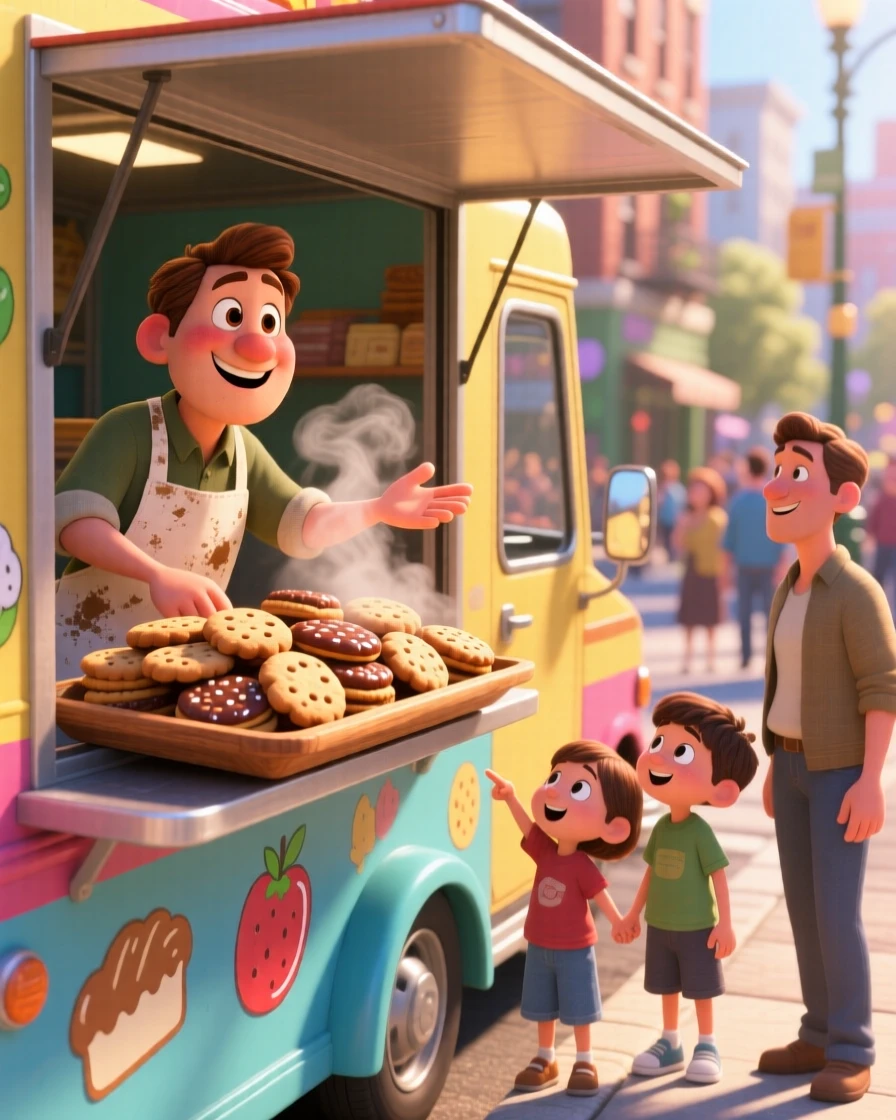 A tray of freshly baked cookies sits at a food truck window on a lively street, with sunlight catching the glossy glaze. A cheerful, mouthwatering warmth surrounds the dish.