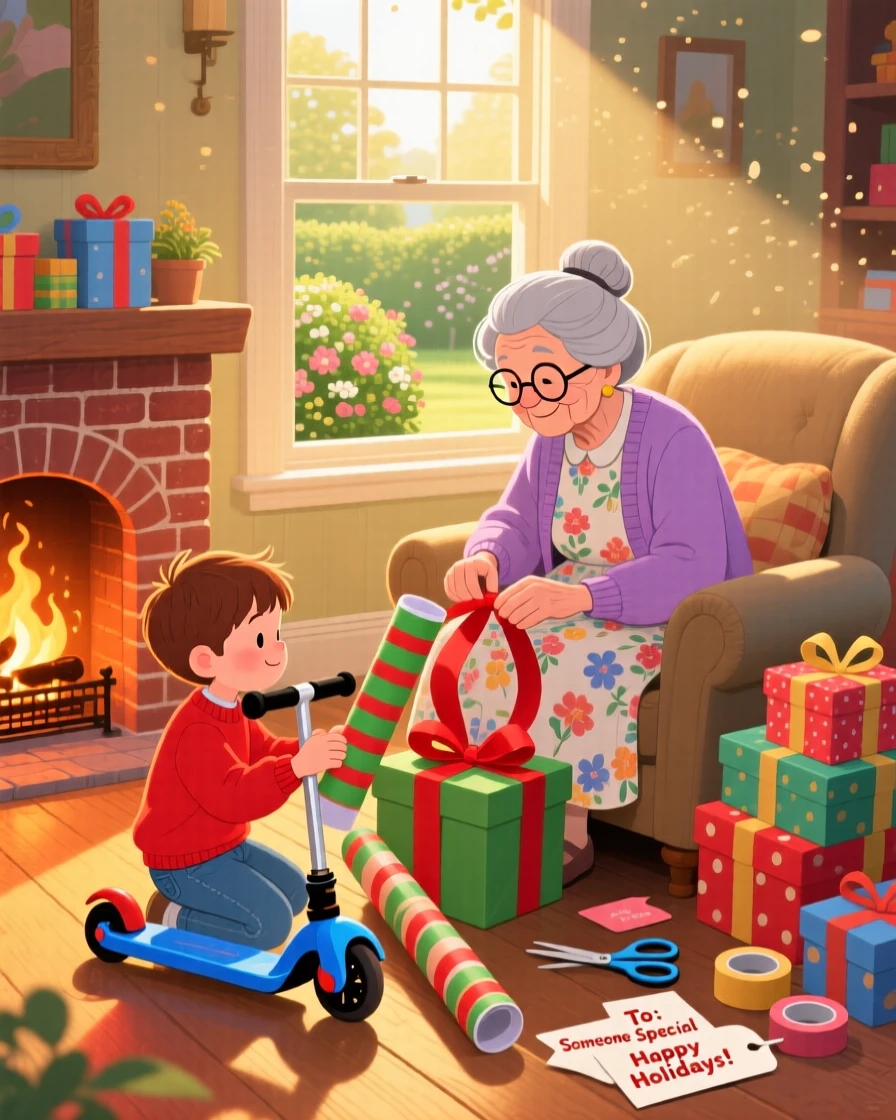 A small boy on a scooter and her grandmother are wrapping presents by the fireplace, as golden afternoon light streams through the window.