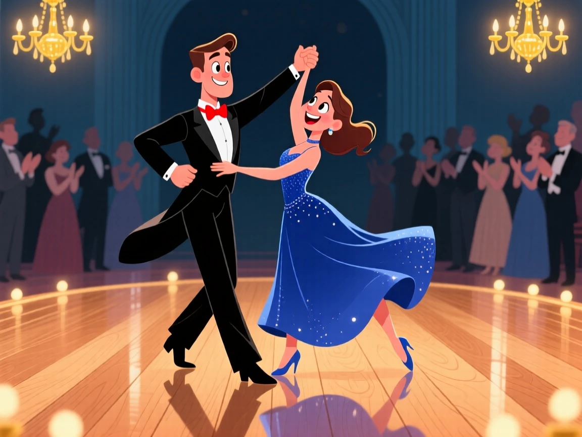 A ballroom couple gliding gracefully across a polished dance floor.