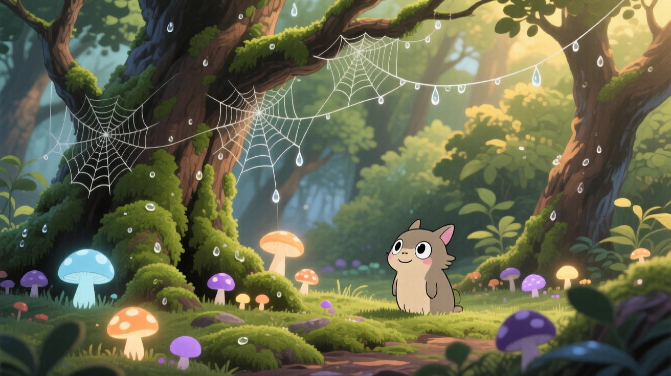 A moss-covered grove filled with softly glowing mushrooms, dew clinging to spiderwebs strung between branches, creating a scene of quiet natural magic.