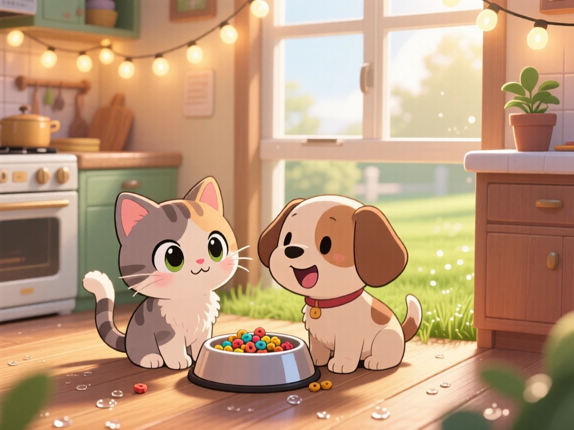 In a cozy kitchen corner, a kitten and a puppy are sharing a single food bowl as morning dew glistens on the grass, bathed in glowing string lights, expression full of playful mischief. Shot as a full-body shot.