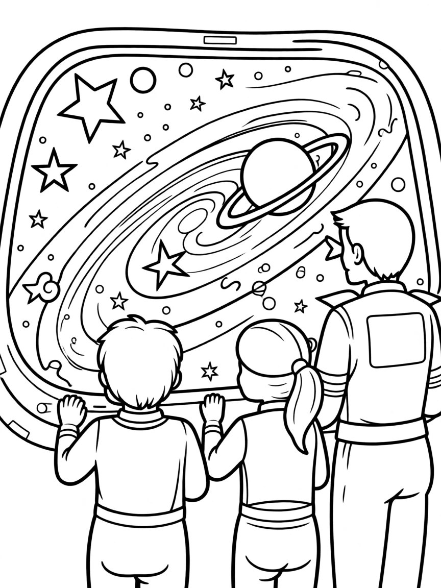 A spaceship crew looking out the window at a beautiful galaxy