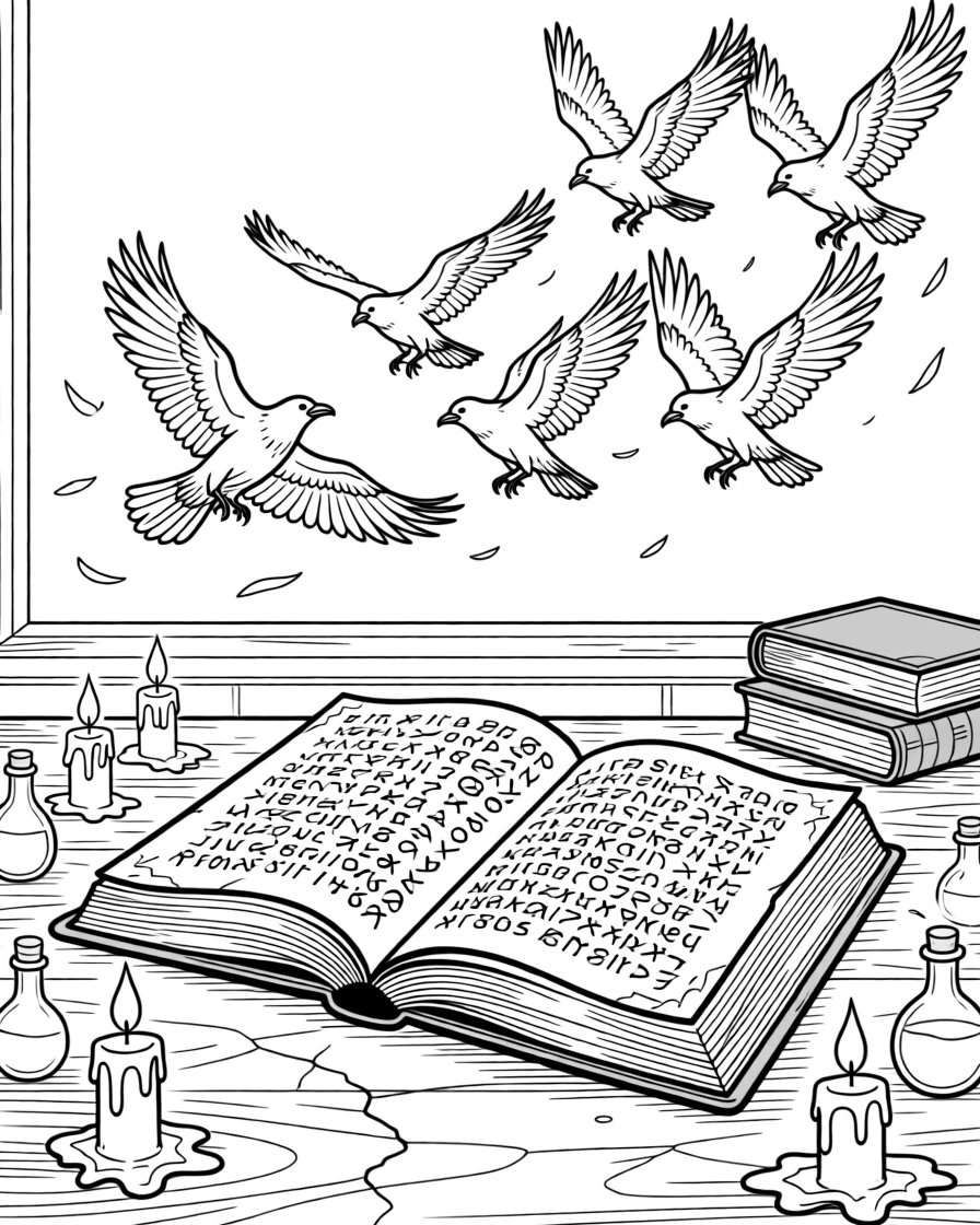 A spellbook open to a page covered in handwritten runes, with a flock of ravens scattering into the sky.