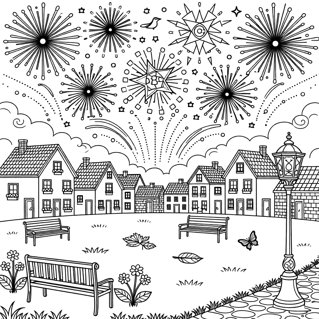 A fireworks night scene bursting over a village green.