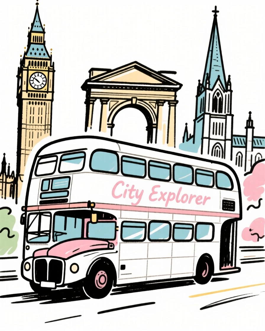 A double-decker bus driving past historic city landmarks.