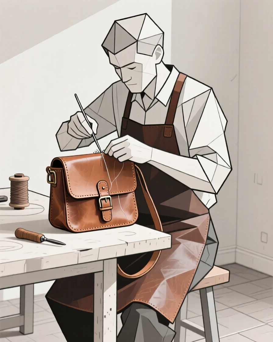 A leatherworker stitching a handmade satchel
