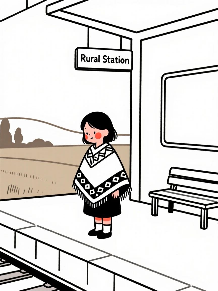 A little girl of Russian heritage wearing a Peruvian woven poncho, lost in quiet contemplation, at a rural train station.