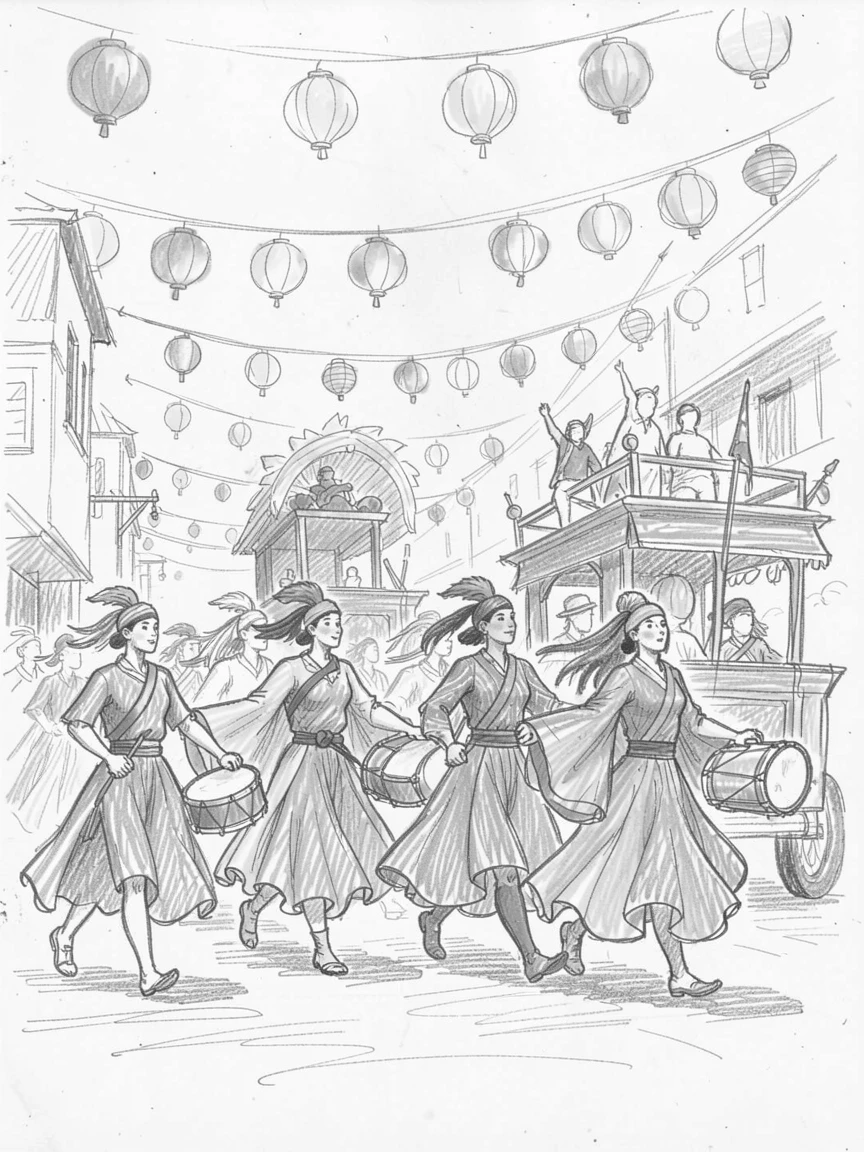 Performers marching with vivid floats and drums, beneath strings of glowing lanterns, with vibrant fabrics fluttering in the breeze.