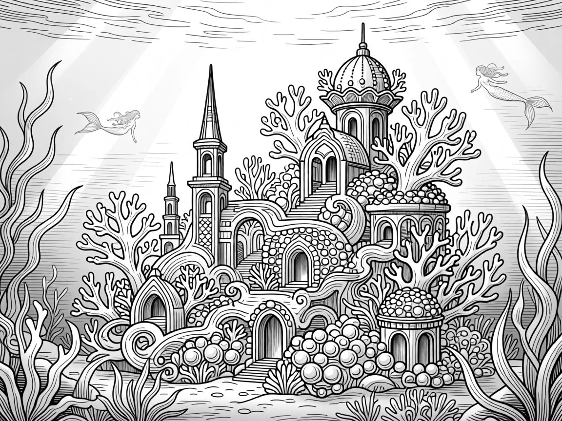 A mermaid city built from coral and pearl beneath the glowing sea.