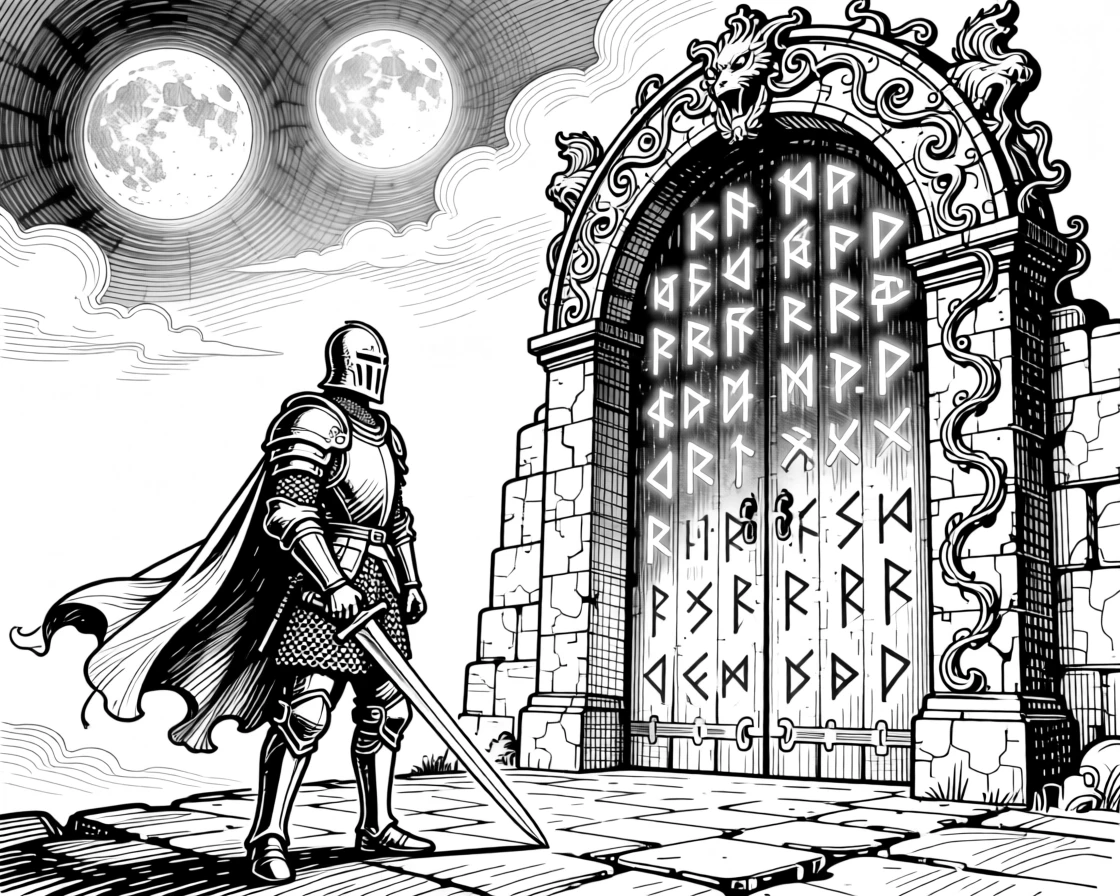 A knight standing before an enchanted gate beneath a sky filled with twin moons, with glowing runes etched into ancient stone, forming a gently otherworldly fantasy scene.