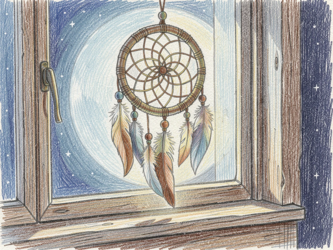 A dreamcatcher swaying gently above a moonlit windowsill, captured in a quiet, intimate moment full of atmosphere, evoking nostalgia and a deep sense of contentment.
