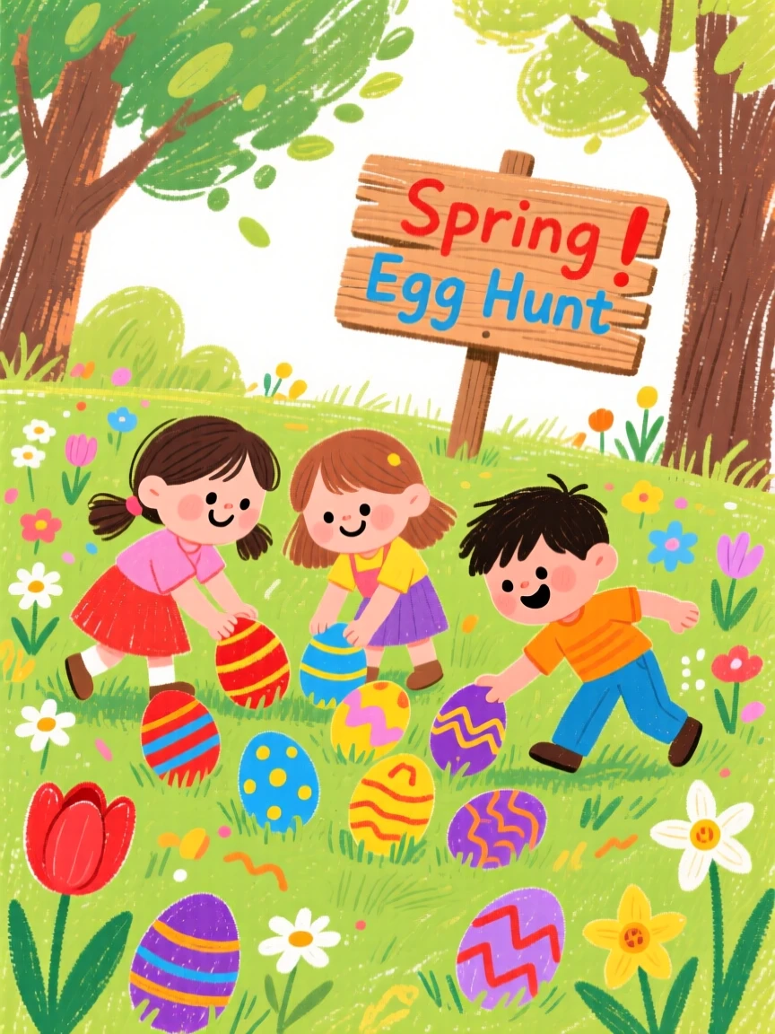 Children hunting for painted eggs in a spring garden.