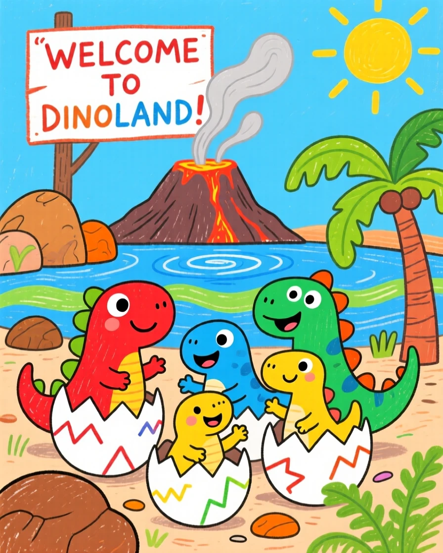 A friendly pack of young dinosaurs hatching from eggs beside a steaming volcanic lake.