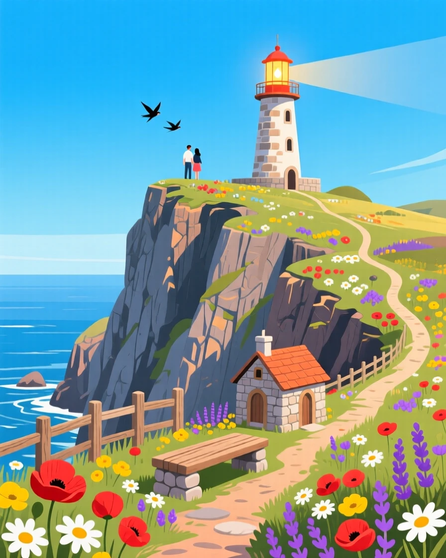 A grand coastal cliff dotted with colorful wildflowers, under a clear crisp blue sky, composed with charming architectural details in focus, with a joyful, adventurous atmosphere.