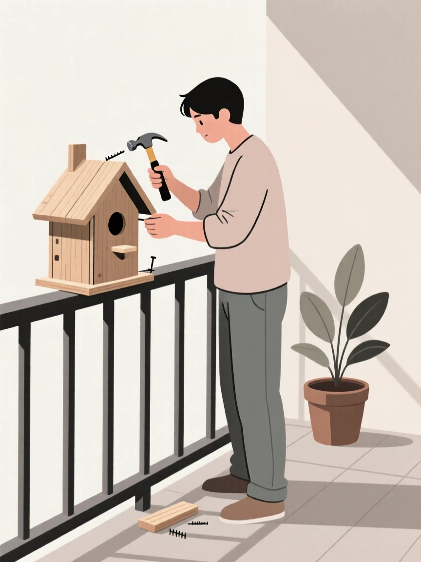 A person building a birdhouse in a small balcony.