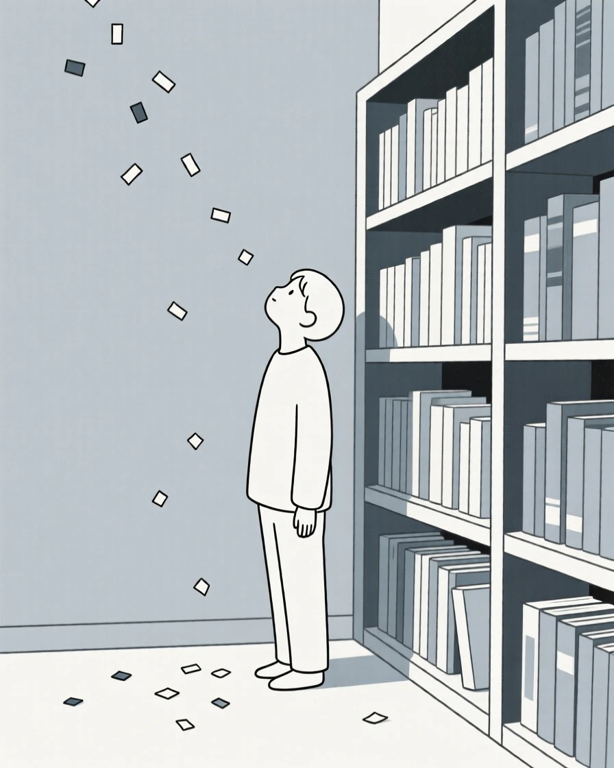 A dreamer gazing upward standing in a quiet library corner, embodying a feeling of calm reassurance, with scattered confetti nearby.