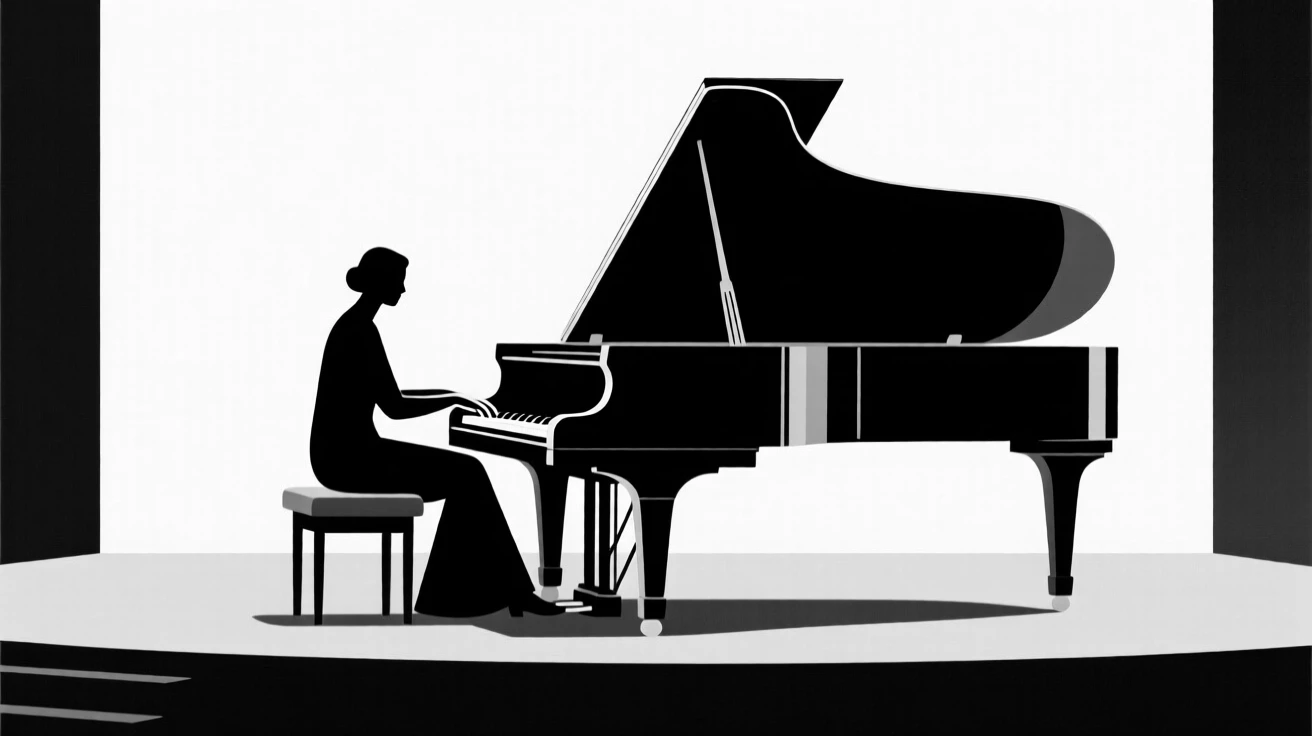 A pianist playing a grand piano on an empty stage.